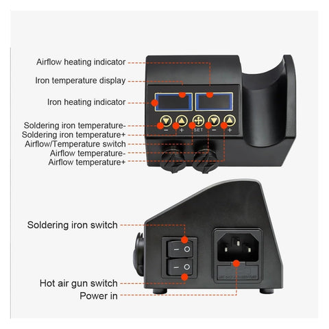 750W Soldering Iron Station 2 in 1 Hot Air Rework Station with LCD Dual Digital Displays and control panel