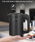 Grab And Go 0.6L Electric Kettle For Travel Ultralight 1.34lb 600W Fast Boil Double Wall Stainless Steel Auto Shut Off Portable Tea And Coffee Kettle Black shown on a hand.