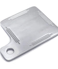 HASkulle chrome universal motorcycle license plate tag with mounting hole and linear ribbed detailing, front view
