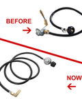 Comparison of old and new six foot propane adapter hose with regulator to quick connect for 17 and 22 inch Blackstone tabletop camper grills.