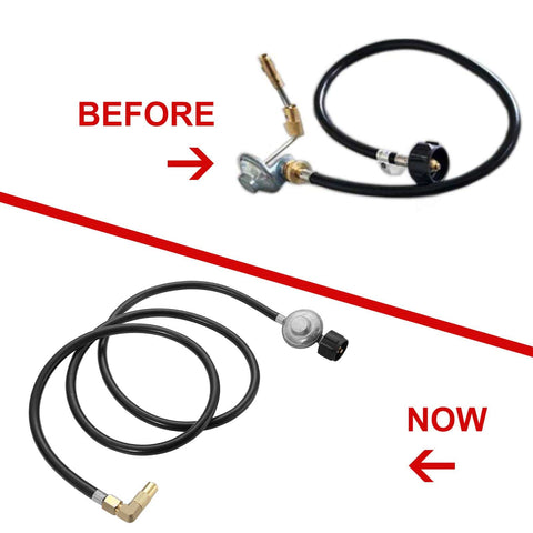 Comparison of old and new six foot propane adapter hose with regulator to quick connect for 17 and 22 inch Blackstone tabletop camper grills.