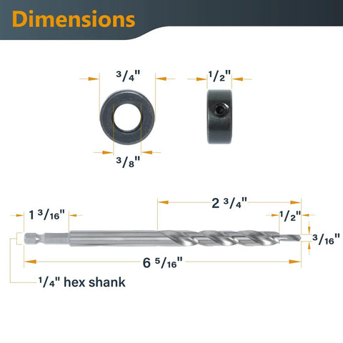 Workhorse Pocket Hole Drill Bit Set With Depth Stop Collar For Precise Pocket Holes And Clean Guided Drilling In Woodworking Projects Two Pack Featuring One Quarter Inch Hex Shank Bits And Includes L Wrenches By POWERTEC displayed with dimensions.