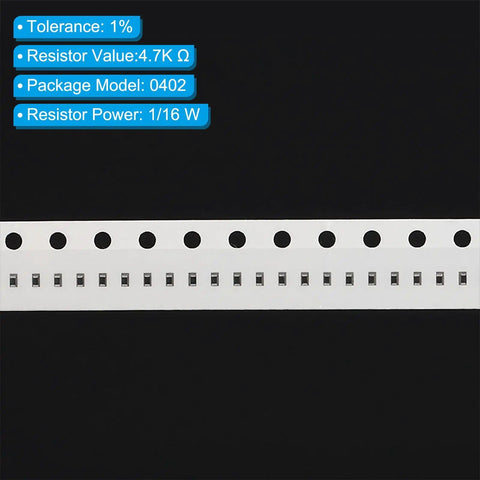 0402 Chip Resistor Kit For Electronics Projects, 4.7K Ohm, One Percent Tolerance, One Sixteenth Watt, 100 Pack strip view
