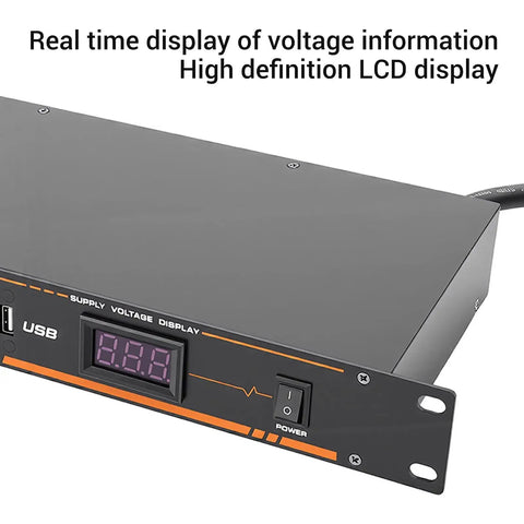 Rock Solid 10 Outlet Power Sequencer With Digital Display And Surge Guard For Home Studio Gear US Plug showing voltage display and power switch.