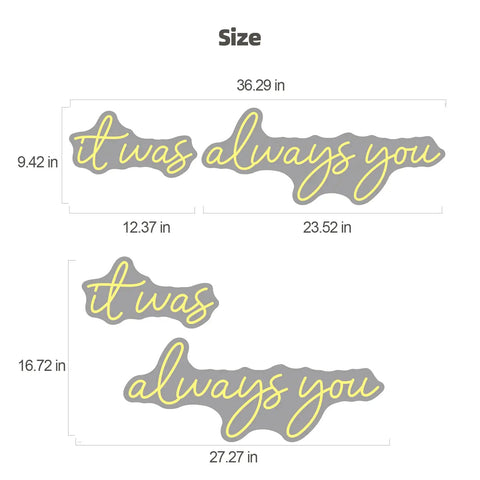 It Was Always You Neon Sign 36 Inch White Neon Night Light Dimmable Wall Decor size chart illustration, warm white glow.