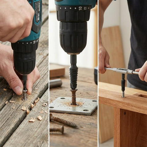 Damaged Screw Extractor Set 6Pc for easy removal of stripped screws and rusty bolts used with a drill on wood and metal.