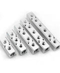 7 Way Pneumatic Manifold Air Distribution Block with G1/2 Supply Ports and G1/4 Output Ports in Aluminum Alloy displayed in multiple sizes.