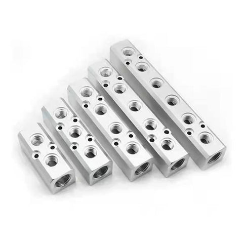 7 Way Pneumatic Manifold Air Distribution Block with G1/2 Supply Ports and G1/4 Output Ports in Aluminum Alloy displayed in multiple sizes.