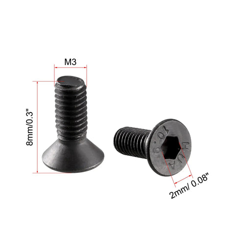 Heavy Duty M3x8mm 10.9 Grade Carbon Steel Countersunk Flat Head Hex Socket Allen Drive Screws showing detailed dimensions.