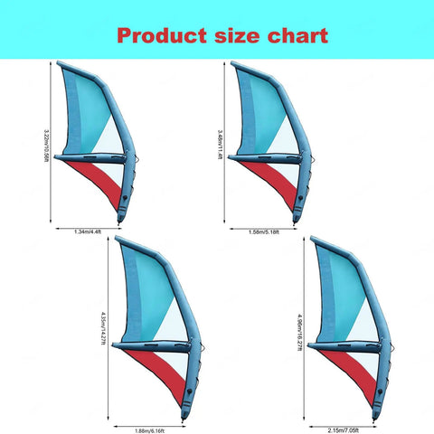 Size chart for Inflatable Windsurfing Wing Foil Kit For Easy Wind Foiling Handheld Wing Foil Board, showing different dimensions.