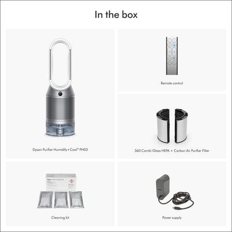 Box contents of Dope All In One Air Purifier Humidifier And Cooler For A Healthier Home Fully Sealed With HEPA H13 Filter.