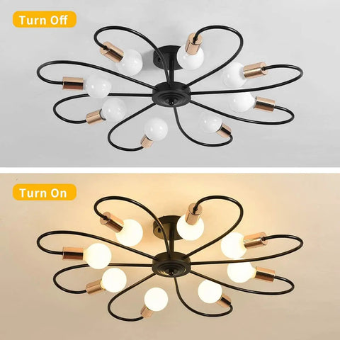 Eight Light Dope Semi Flush Ceiling Light Sputnik Style Chandelier Modern Mid Century Industrial Vintage Metal Pendant Lighting Fixture For Kitchen Dining Living Room Bedroom Black And Gold, off on top, on below
