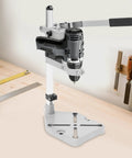 Jzswyst Heavy Duty Aluminum Drill Press Stand With 90 Degree Rotating Adjustable Bench Clamp For Hand Drill, mounted on a workbench.