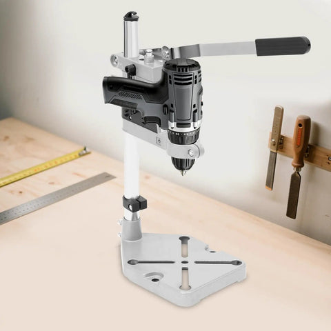 Jzswyst Heavy Duty Aluminum Drill Press Stand With 90 Degree Rotating Adjustable Bench Clamp For Hand Drill, mounted on a workbench.