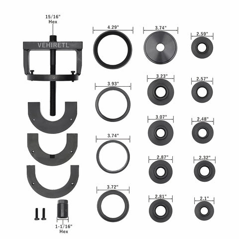 Wheel Bearing Removal And Installation Tool Kit For Front Rear And All Wheel Drive Vehicles with detailed parts layout showing measurements