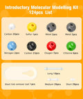 Portable Organic Chemistry Model Kit With 124 Pieces For Classrooms And Hands On Home Labs Visualize Concepts With Ball And Stick And Space Filling Atomic Models For Organic And Inorganic Learning Ideal For Students And Teachers - Component list including carbon, sulfur, metal, nitrogen, oxygen, chlorine, links, and remover tool.