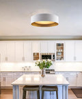 Flush Mount Ceiling Light 15.7 Inch With Opal White Glass Shade, Matte White Aluminum Fixture in modern kitchen setting.