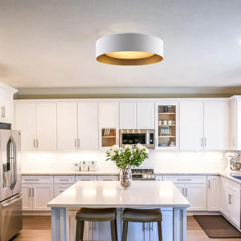 Flush Mount Ceiling Light 15.7 Inch With Opal White Glass Shade, Matte White Aluminum Fixture in modern kitchen setting.
