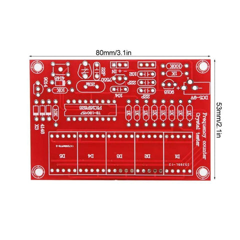 Red circuit board of DIY Crystal Oscillator Frequency Counter Tester Kit 1Hz to 50MHz With Five Digit Red Display No Fuss Plug In Module