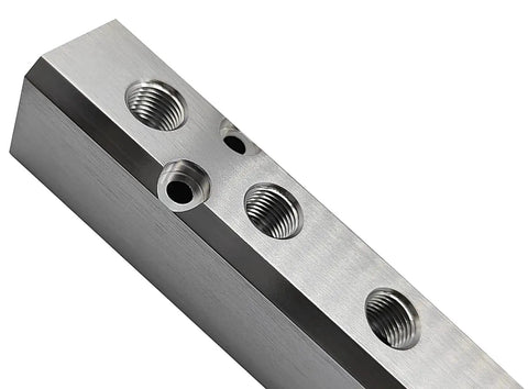 Rock Solid 10 Way Pneumatic Manifold Air Distribution Block Sports close-up of aluminum build and threaded G1/2 and G1/4 ports.