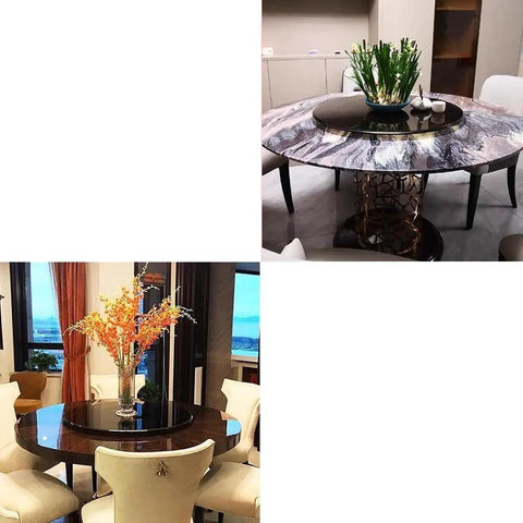 Heavy Duty 40 Inch Black Tempered Glass Lazy Susan Turntable with stylish round table settings and floral centerpiece.