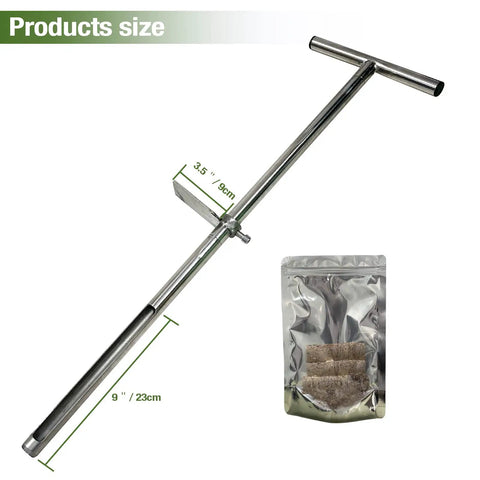 36 Inch Stainless Steel Soil Probe With Foot Pedal And Reusable Sample Bags, showing dimensions and durable stainless steel material.