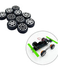 Twenty Piece Plastic Toy Car Wheels With 2mm Shafts For RC Cars Trucks Robots And DIY Models Durable Replacement Wheels For Building Projects Style 1 Kit, with example chassis.