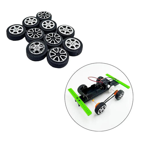 Twenty Piece Plastic Toy Car Wheels With 2mm Shafts For RC Cars Trucks Robots And DIY Models Durable Replacement Wheels For Building Projects Style 1 Kit, with example chassis.