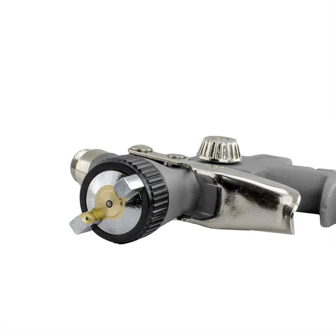 Handy Mini Hvlp Gravity Feed Spray Paint Gun With Zero Point Eight Mm Needle Tip and Sixteen Ounce Mixing Cup, showing nozzle and adjustable knobs.