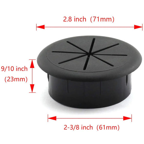 Flexible Desk Cord Grommet Pair Black Wire Organizer Hole Covers measure 2.8 inches with slits for easy cable management.