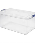Extra Large Clear Storage Bin with Lid Stackable Plastic Tote Hella Spacious Snap Latch with a blue handle, side view.
