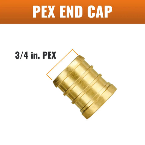 Side view of brass 3/4 inch PEX end cap for plumbing, highlighting heavy-duty fittings for sealing PEX tubing.