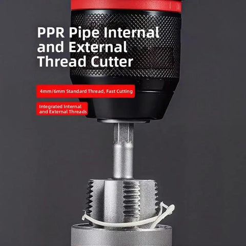 Dual Function Pipe Threading Tool For PVC PPR MPP Pipes, Alloy Steel Internal External Thread Cutter, Drill Ready, No Fuss, 63mm And 65mm Sizes For Quick Plumbing Repairs And Leak Free Joints., PPR pipe thread cutter with drill bit and threaded pipe joint