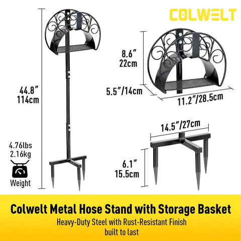 Dimensions of Colwelt metal hose stand with storage basket, part of All In One Garden Hose Holder Kit With 50 Ft Hose Half Inch.