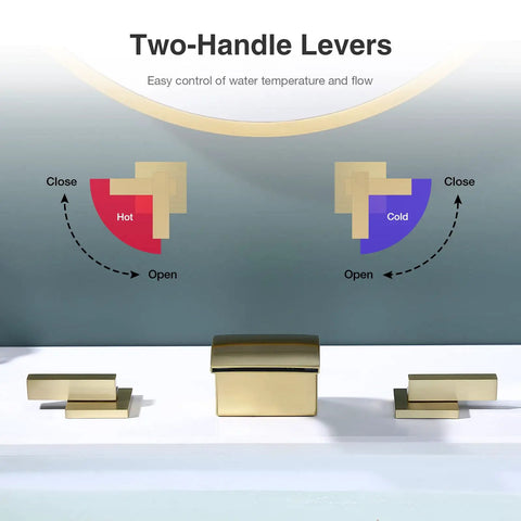 Brushed Gold 8 Inch Widespread Bathroom Faucet With Two Handles for 3-hole sink showing lever controls for hot and cold
