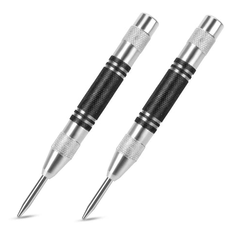 Two Pack Heavy Duty Automatic Center Punch, 5 Inch Premium Steel Spring Loaded Center Hole Marker Tool, black and chrome finish