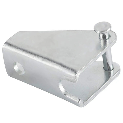 Side view of heavy-duty metal bracket with pin for stable actuator mounting, part of Eight Piece Linear Actuator Mounting Brackets set.