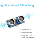Waterproof Ultrasonic Distance Sensor Kit With 0.2 to 4.5 Meter Range, showing two sensors on a blue circuit board with detection waves.