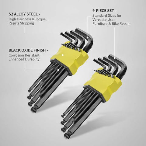 Rock Solid S2 Alloy Steel Hex Key Set With 9 Piece L Shaped Allen Wrenches For Tough Furniture Assembly Bike Repair And Appliance Fixes Without Stripping Screws To Lock Down Your Toolkit, black oxide finish