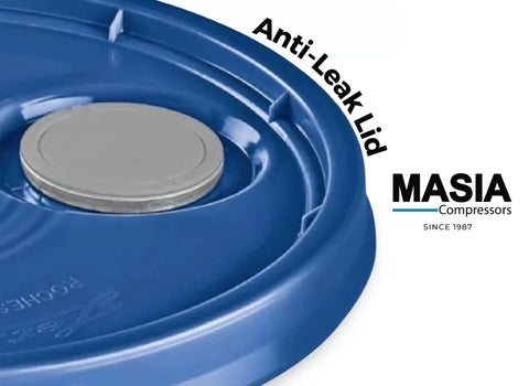 Pro Grade Synthetic Rotary Screw Compressor Lubricant 5 Gal Durable, Long Lasting Formula Made in USA for Heavy Duty Industrial Compressors Meets Industry Specs, Reduces Wear, Extends Life, Keeps Systems Cool Under Pressure for Peak Performance. blue anti-leak lid on 5 gal container