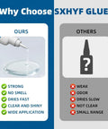 Comparison chart highlighting benefits of SXHYF glue over others, showing strong, no smell, and fast drying characteristics.