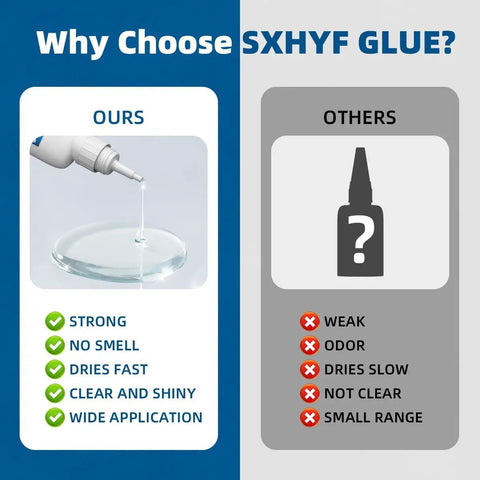 Comparison chart highlighting benefits of SXHYF glue over others, showing strong, no smell, and fast drying characteristics.