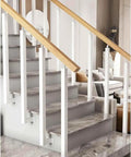 Pro Grade Adjustable Side Mount Railing Kit Featuring 270 Degree Flat Brackets And Square Iron Spindle Post For Stair Deck Porch Or Fence Built From Premium Wrought Iron With Tough Anti Rust Coating For Quick Setup And Serious Curb Appeal In Classic, installed on modern staircase.