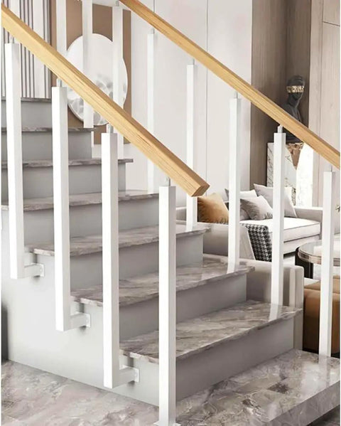 Pro Grade Adjustable Side Mount Railing Kit Featuring 270 Degree Flat Brackets And Square Iron Spindle Post For Stair Deck Porch Or Fence Built From Premium Wrought Iron With Tough Anti Rust Coating For Quick Setup And Serious Curb Appeal In Classic, installed on modern staircase.