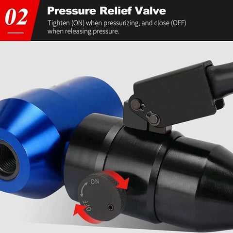 Close-up of pressure relief valve on Portable Manual Hole Punch Kit, showing on/off settings, part of heavy-duty DIY punch set.