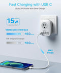 6 In 1 European Travel Plug Adapter with 2 US Outlets, 1 USB C and 3 USB Ports in wall, charging phone, 15W output shown