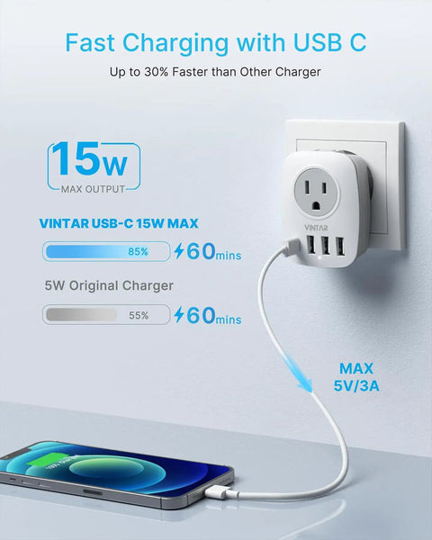 6 In 1 European Travel Plug Adapter with 2 US Outlets, 1 USB C and 3 USB Ports in wall, charging phone, 15W output shown