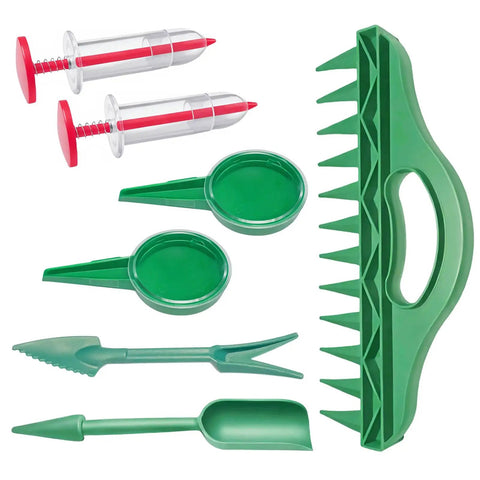 7 Piece Mini Handheld Seed Spreader Kit With Adjustable Speeds 12 Hole Dibber And Pro Grade All In One Seed Dispenser Planter
