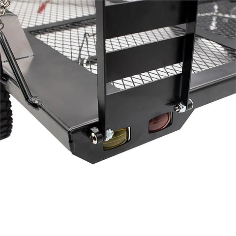 Close-up of Heavy Duty Metal RC Trailer With Dual Axles And Integrated Suspension rear corner detail with tail lights and hitch.