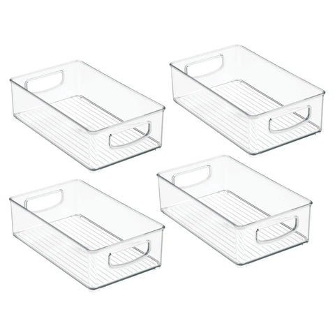 Clear Plastic Storage Organizer Bin Set 4 Pack for Home Organization, showing four stackable clear bins with handles.
